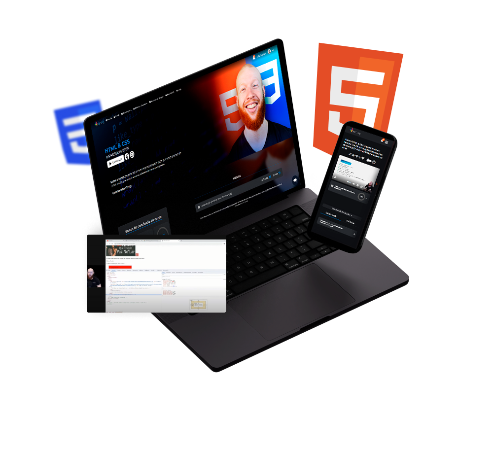 Notebook e celular com a plataforma do curso, captura de tela de uma aula do curso e ícones do HTML e do CSS